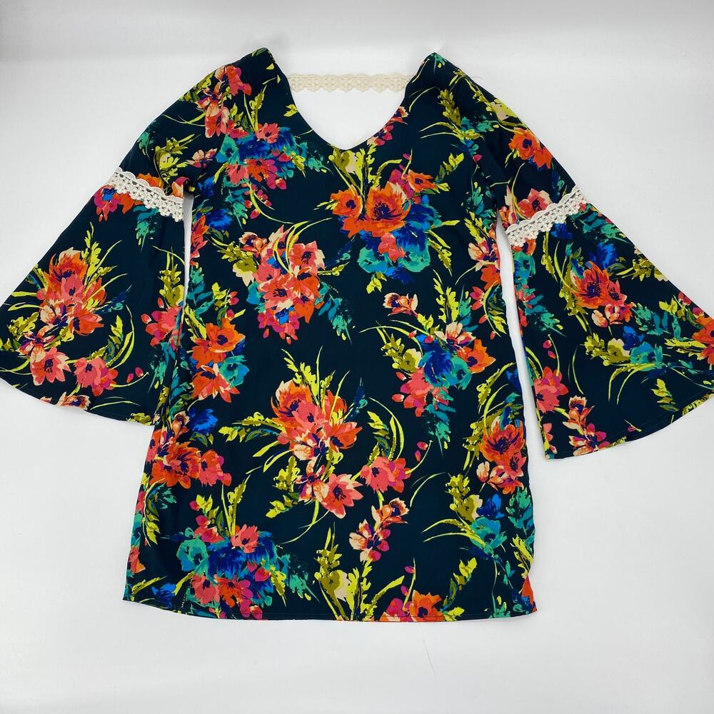 PINK OWL Women's Shift Dress Size S Floral Bell Sleeve Mini Boho Summer
